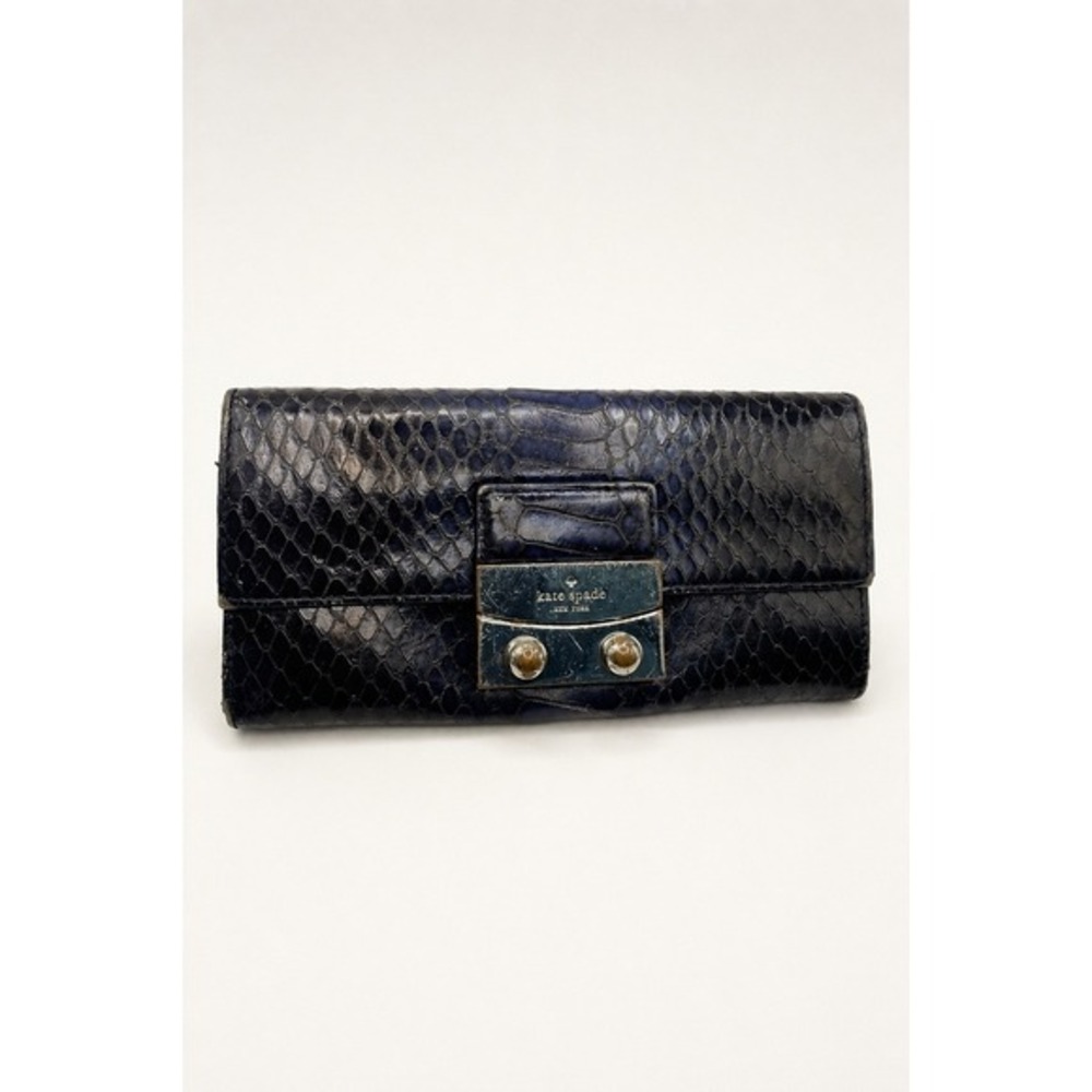 VTG Kate Spade NY Embossed Snakeskin Leather Wallet Clutch Navy Old Money Italy